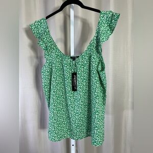 Papermoon Floral Flutter Sleeve Green Top Blouse Womens Size L